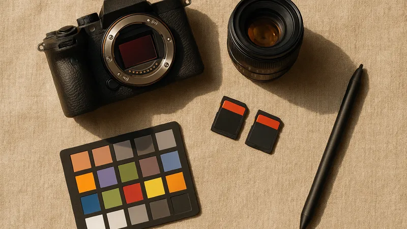 Camera body, lens, and accessories laid out on a linen surface